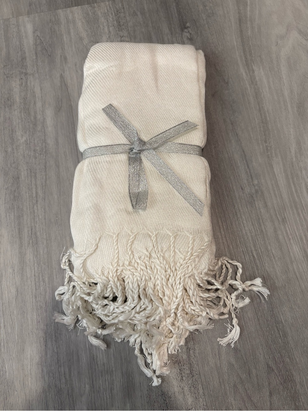 Cream Woven Fringe Throw Blanket with Silver Ribbon